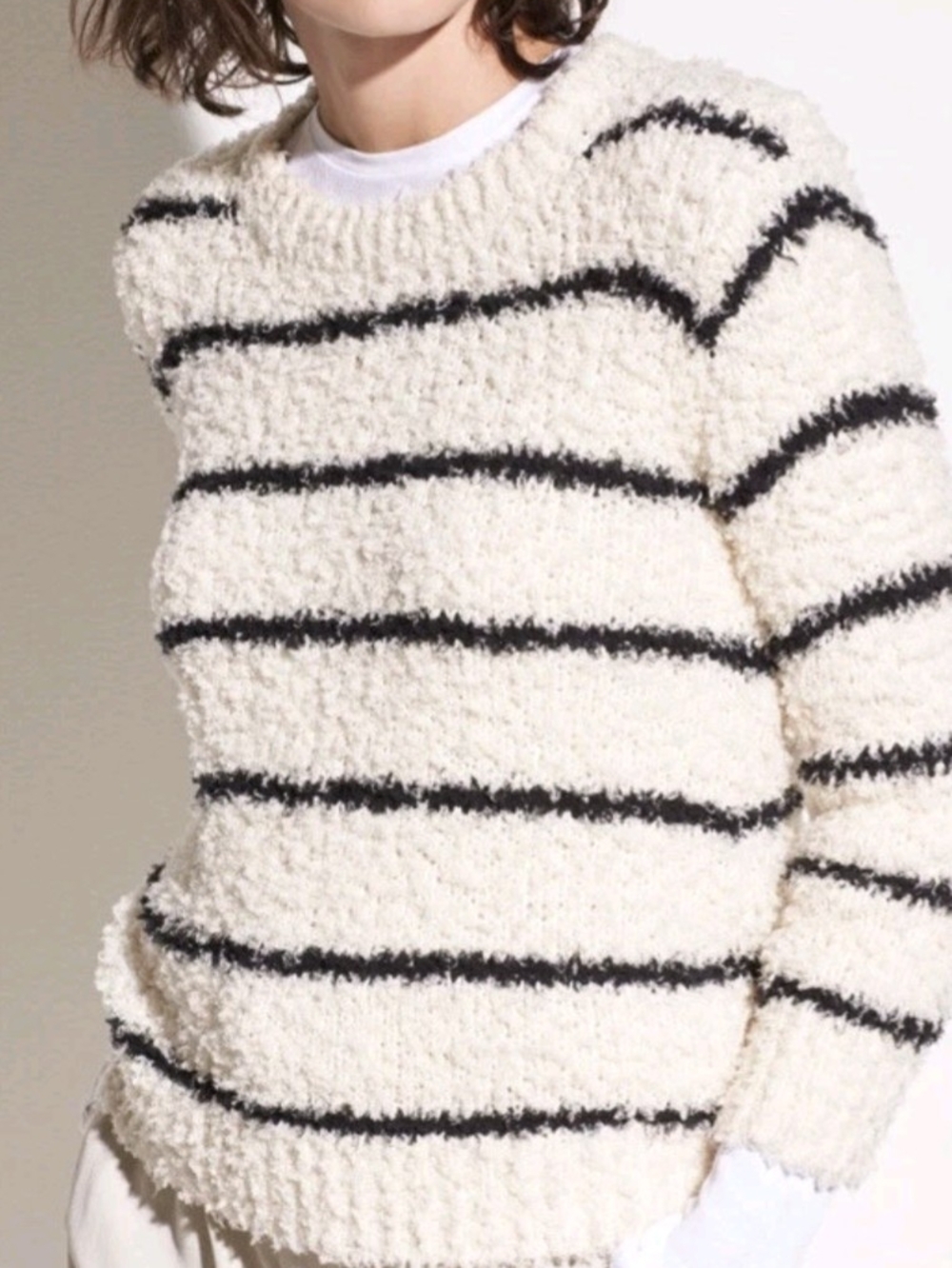 Vince Fuzzy Cream Crewneck Sweater with Black Stripes